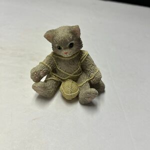 Gray Kitten Figurine with Yellow Yarn